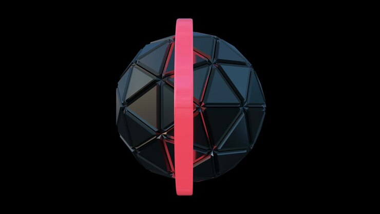 Spinning of futuristic geometric ball constructed from triangles with alpha channel. Neon orbit moving around the sphere. Seamless pattern.