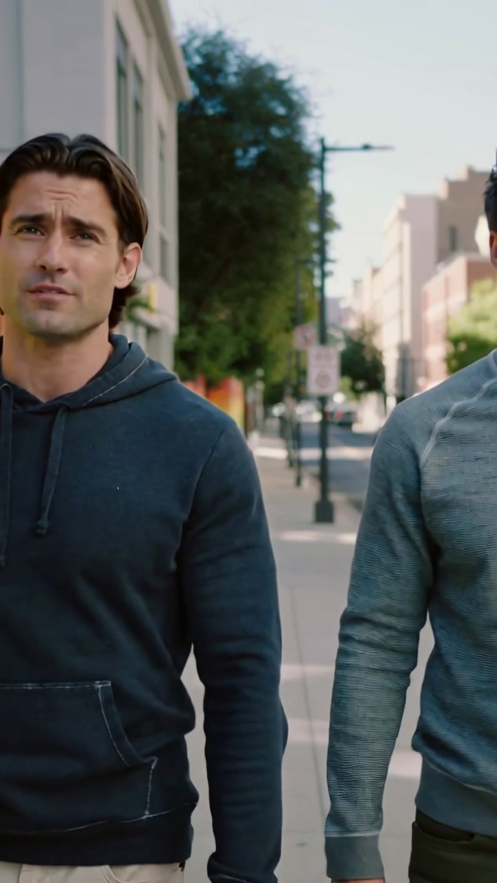 Vertical video: Two men walking toward camera on street, camera-tracking marketing ads around them
