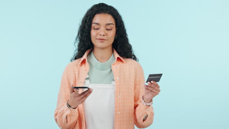 Credit-card,-face-and-happy-woman-with-phone