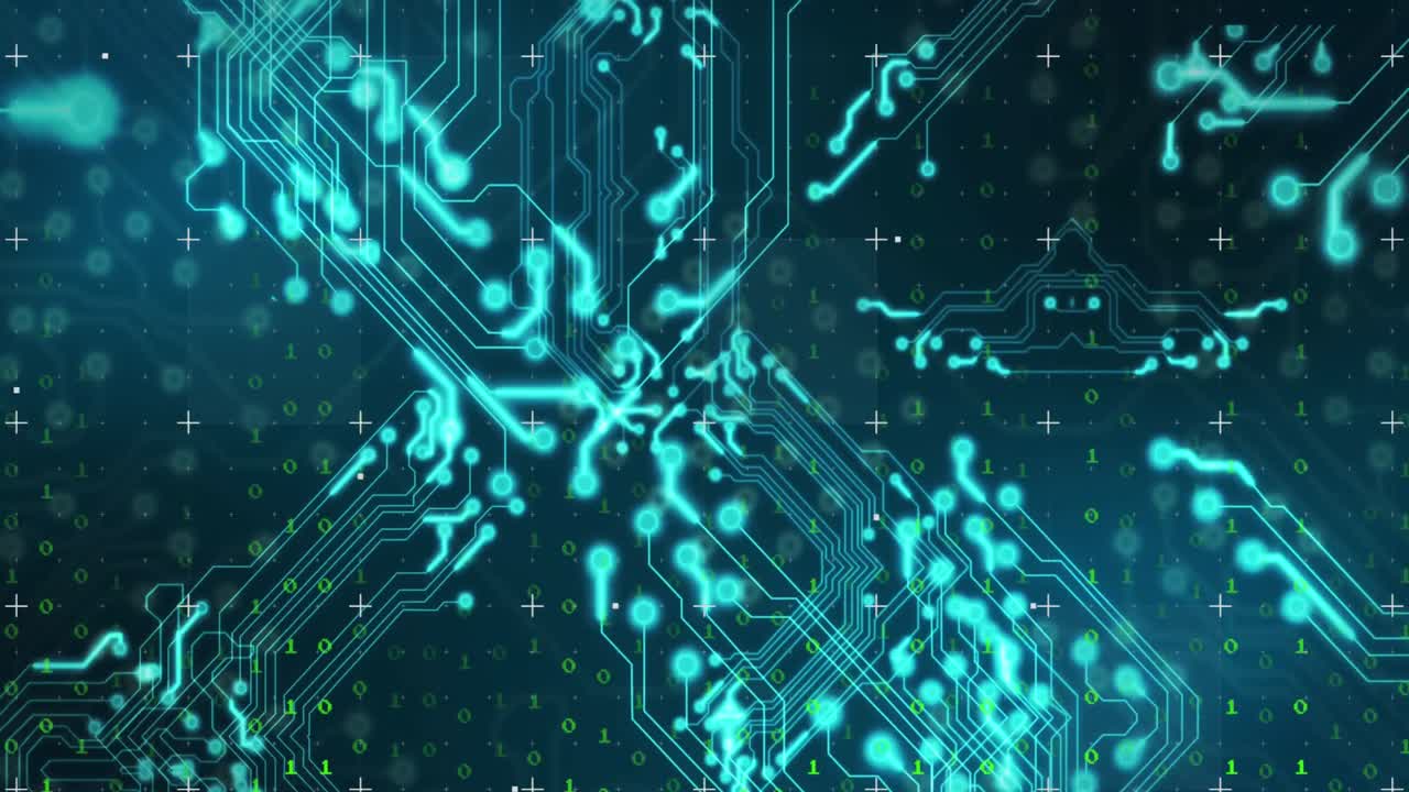 파란색 배경에 바이너리 코딩과 반이는 마이크로프로세서 연결의 애니메이션