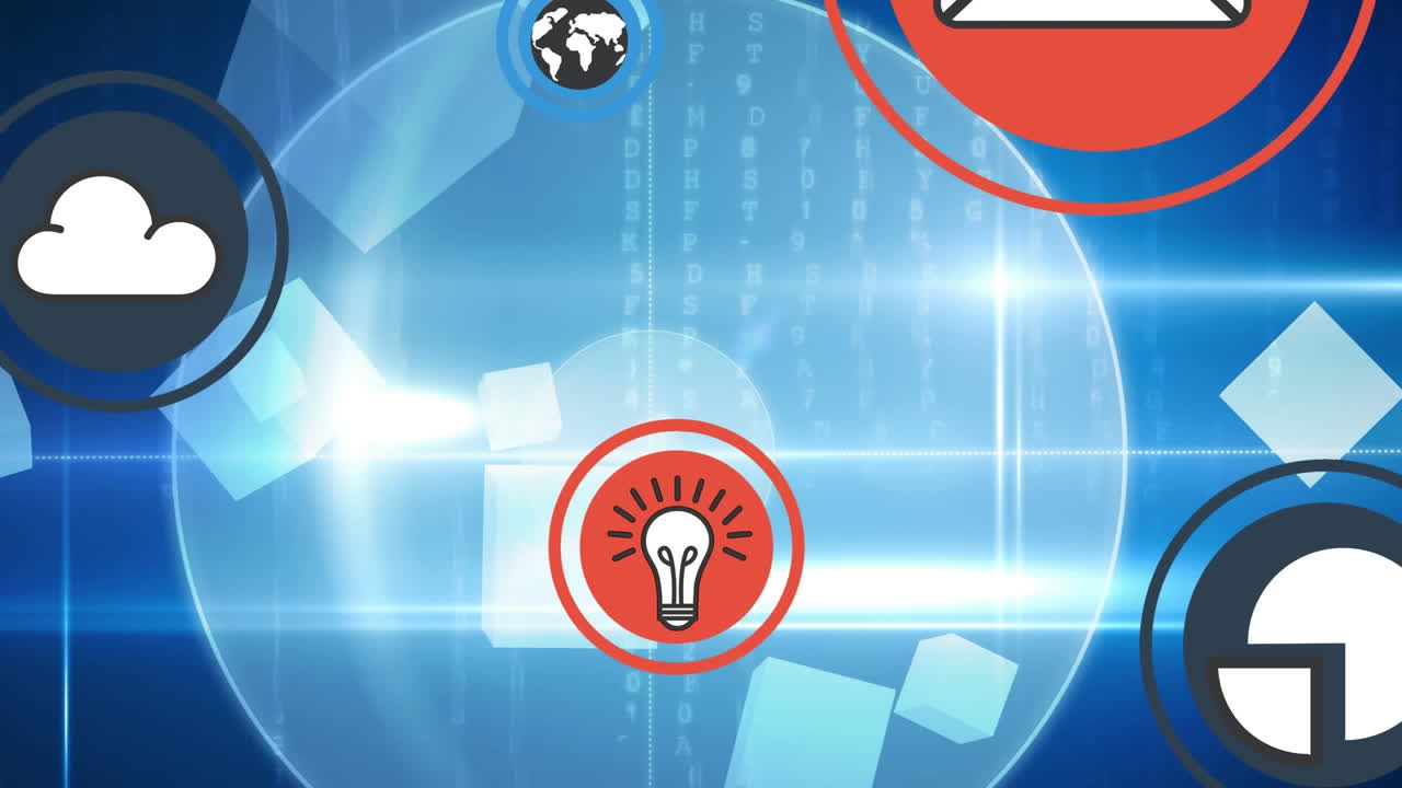 Animation of white arrow pointing up with digital icons and data processing