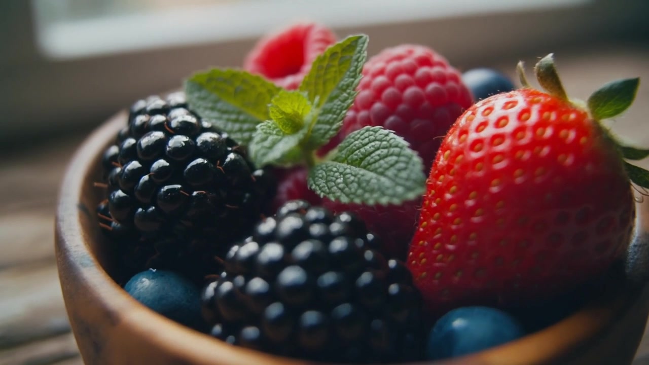 Fresh Berries in a Wooden Bowl with Mint Leaves