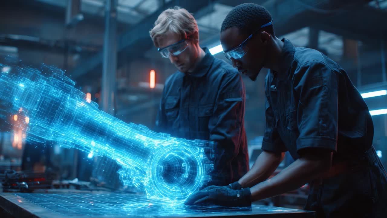 Engineers Collaborating on Advanced Robotics Technology in a High-Tech Workshop, Utilizing Holographic Displays to Design Innovative Mechanical Systems