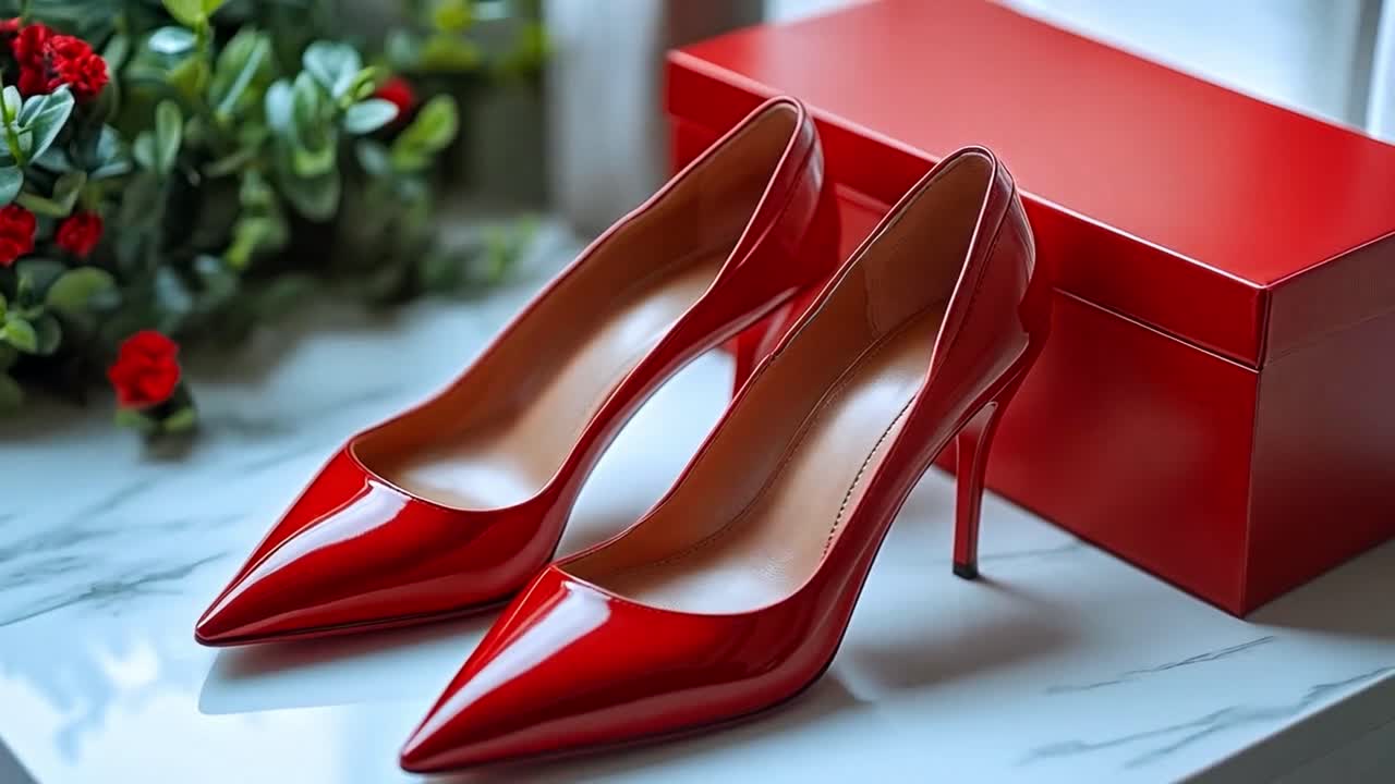 A pair of shiny red high-heeled shoes next to a matching red gift box