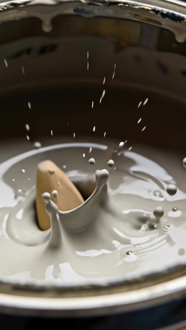 Pennello che si immerge nella vernice grigia e bastoncino mescolatore che affonda, formando uno schizzo a corona e increspature per mescolare