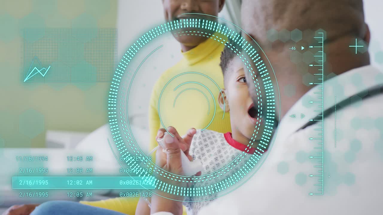 animación del procesamiento de datos sobre un médico afroamericano con un paciente niño.