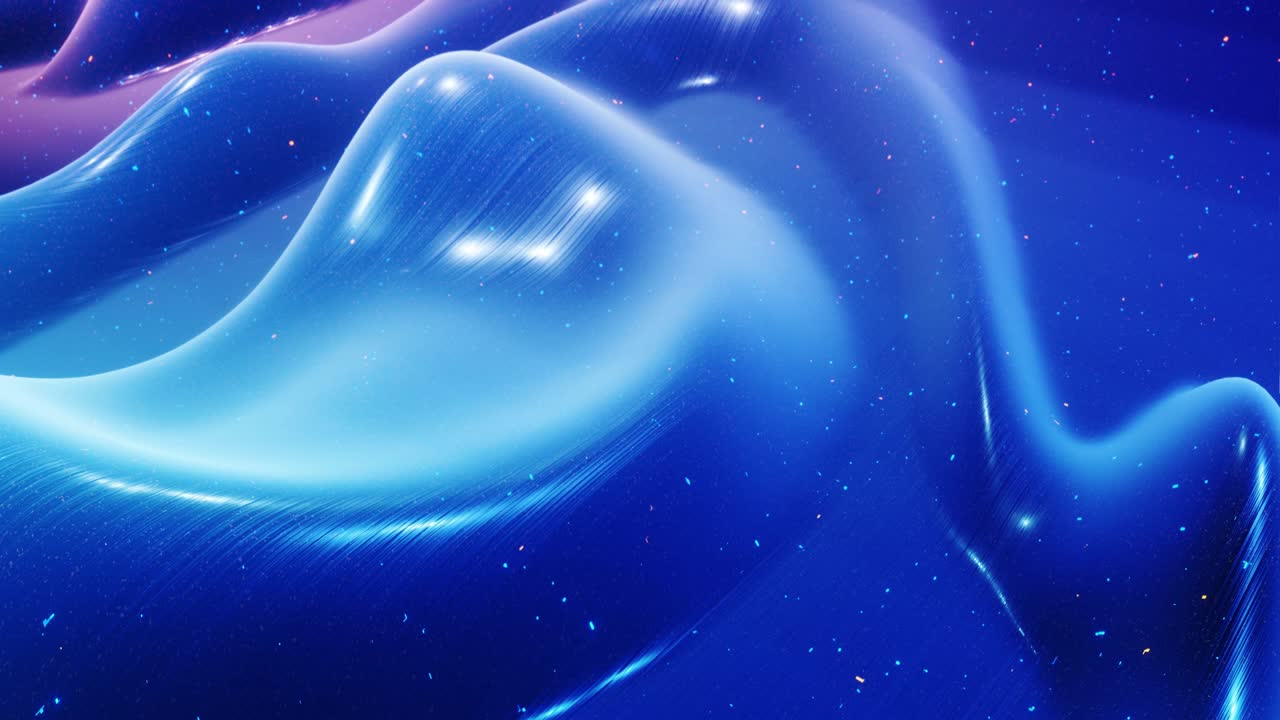 fantastical festive blue bg. Stylish abstract looped background, waves move on glossy surface like landscape made of liquid blue wax with sparkles. Beautiful soft background with smooth animation 4k