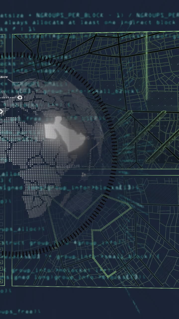 animación del procesamiento de datos y globo sobre fondo negro