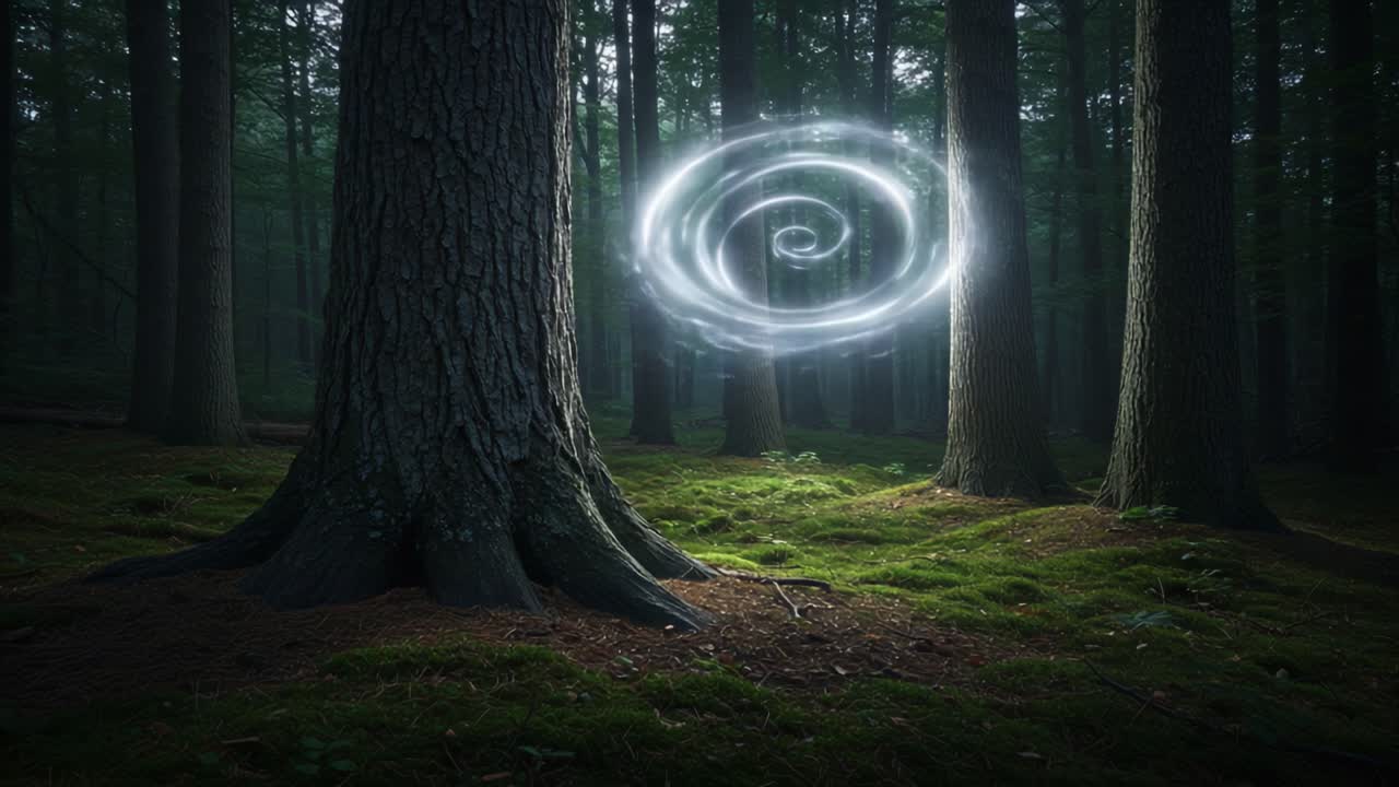 A Mystical Swirl of Energy Appears Amidst the Serenity of a Dense Forest, Bringing an Enigmatic Atmosphere to the Peaceful Nature Surroundings