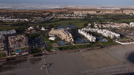 Aerial-View-Of-Beachfront-Hotel-AR-Almerimar-On-Costa-de-Almeria-In-Spain