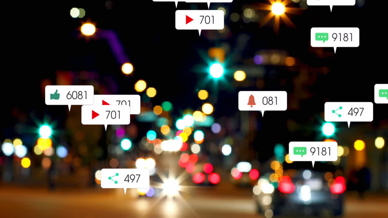소셜 미디어 아이콘과 숫자의 애니메이션 초점이 맞지 않은 도시 및 자동차 불빛