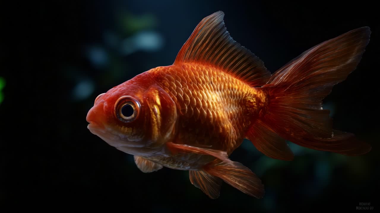 En fantastisk guldfisk, der svømmer yndefuldt gennem vandplanter i et svagt oplyst akvarium, og fremviser dens strålende orange farve og fine finner