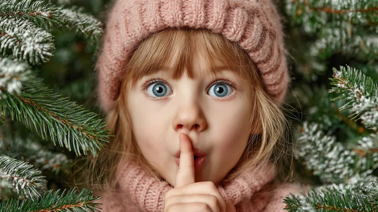 A Whimsical Winter Moment: A Young Girl in a Cozy Hat Surrounded by Evergreen, Creating an Enchanting and Festive Atmosphere of Holiday Magic