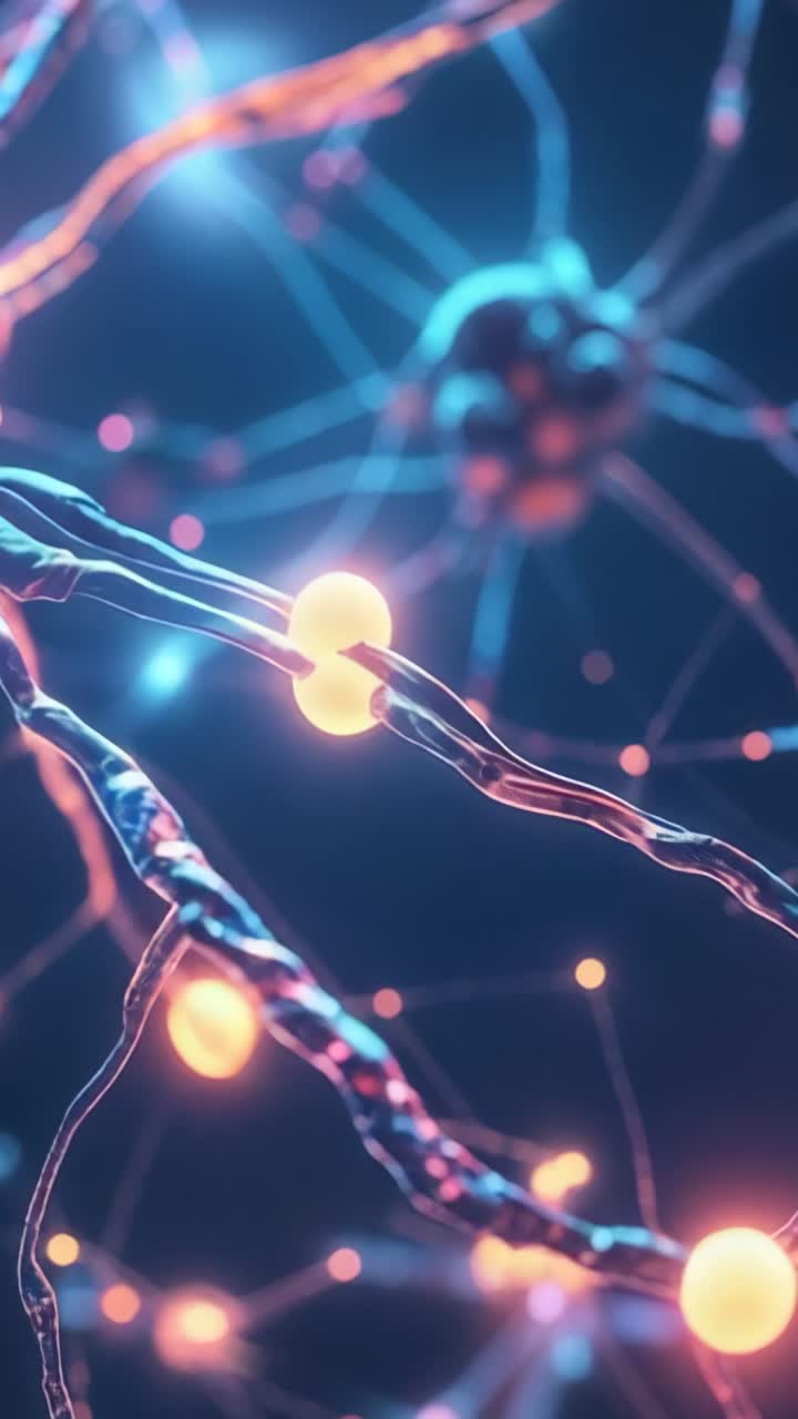 Vertical video: Glowing nodes driving synapse transmitting particles across gap in neural network