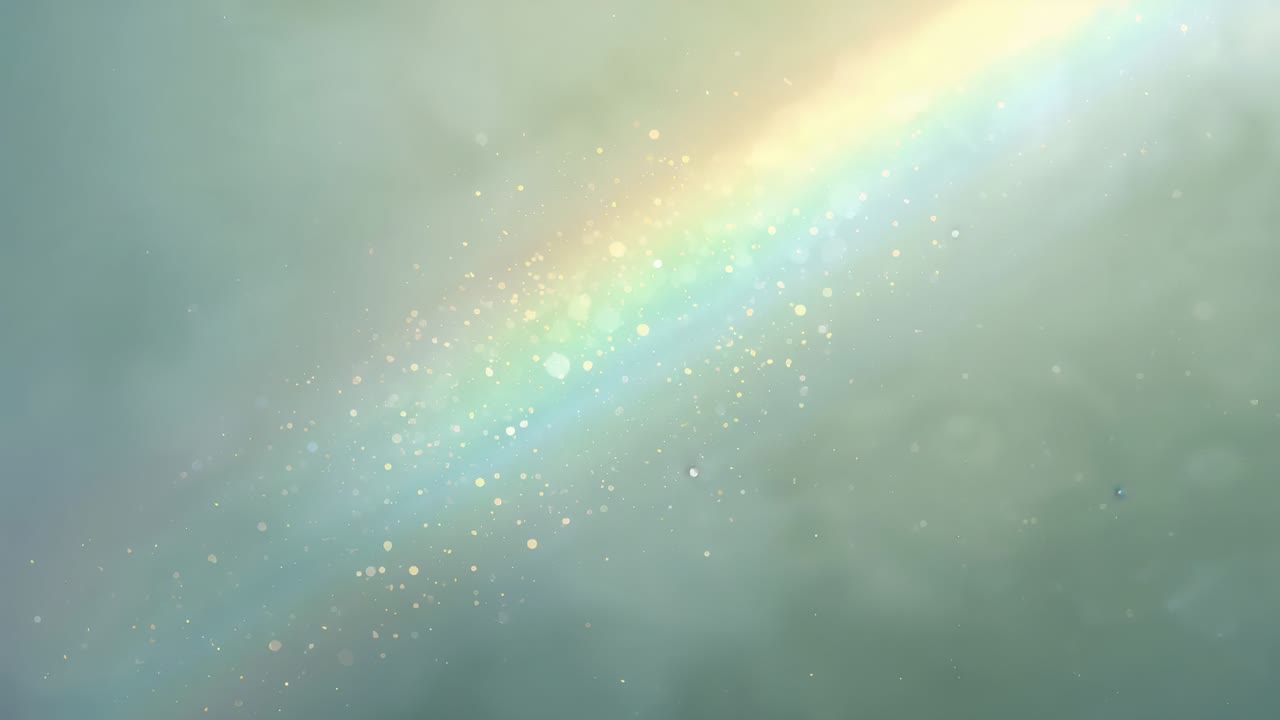 霧がかったティール色の空を横切って斜めに輝く虹の弧が動き、太陽の光が煌めきを漂わせる。