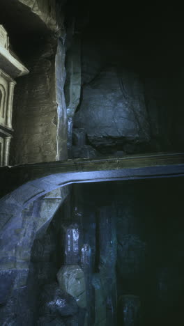 dark cave with ancient architecture and crystal pillars