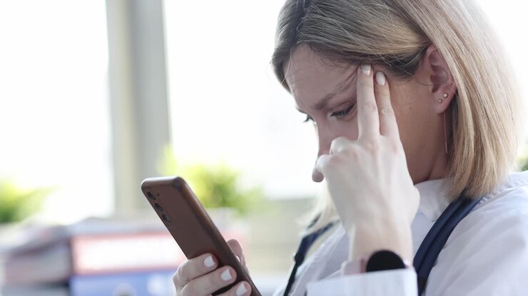 Woman with a frustrated expression looking at her smartphone