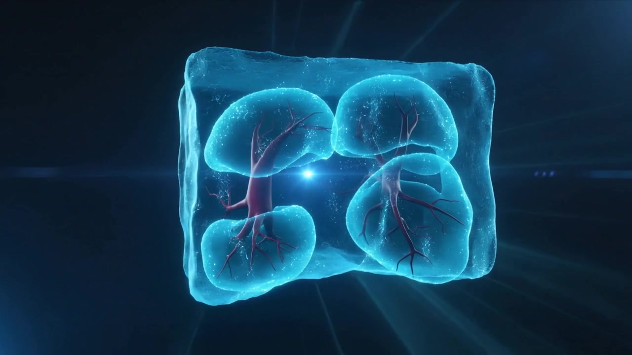Rotating hologram block revealing four lobed vessels in dark void, blue central flare for study
