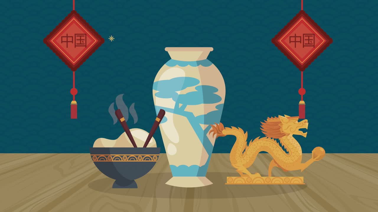 chinese celebration animation with golden dragon and jar