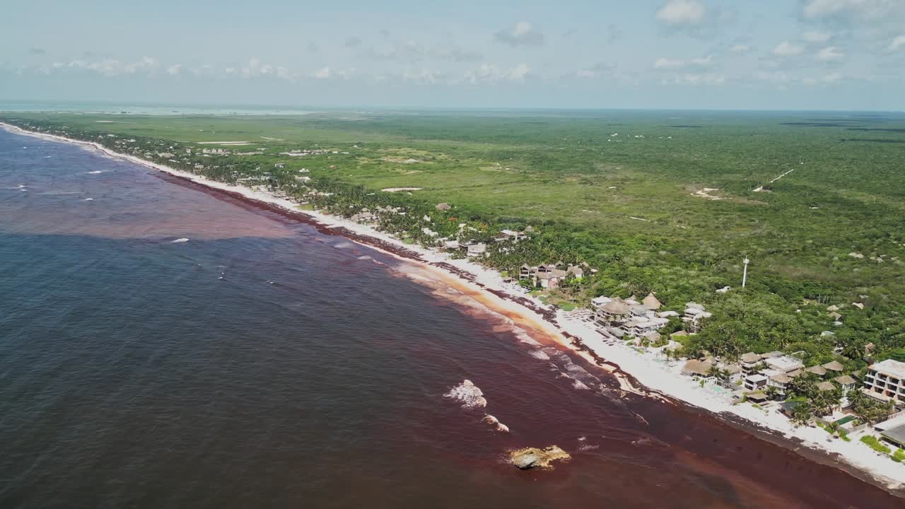 Mexican beach vacations, contaminated coastline, aerial view