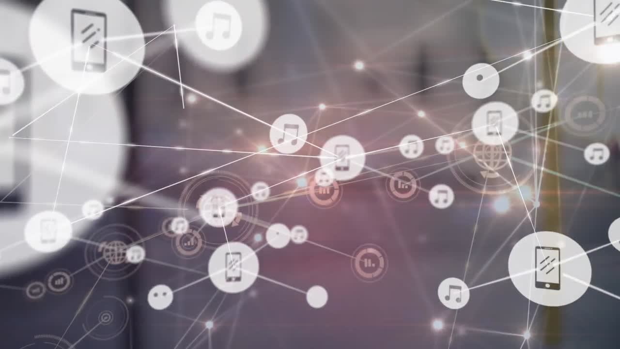 자동차로 거리를 가로지르는 아이콘과 연결 네트워크의 애니메이션