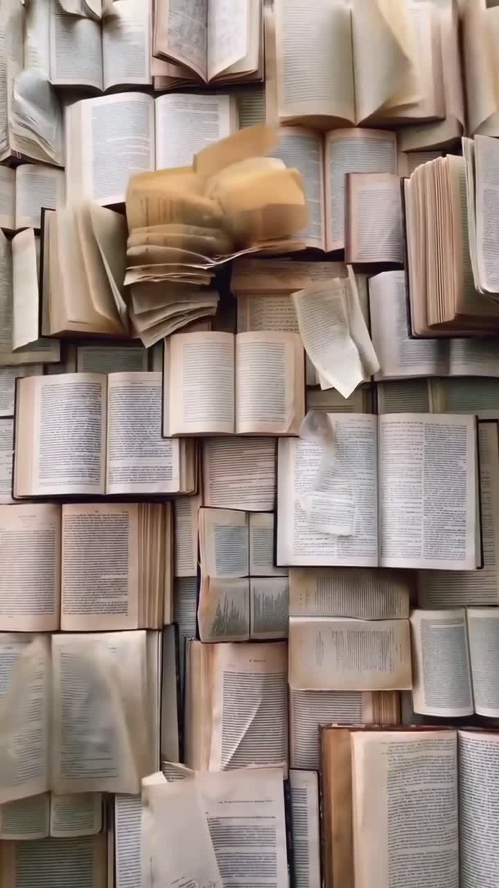 Top-down video view of open books layered in a collage, creating a textured, literary scene