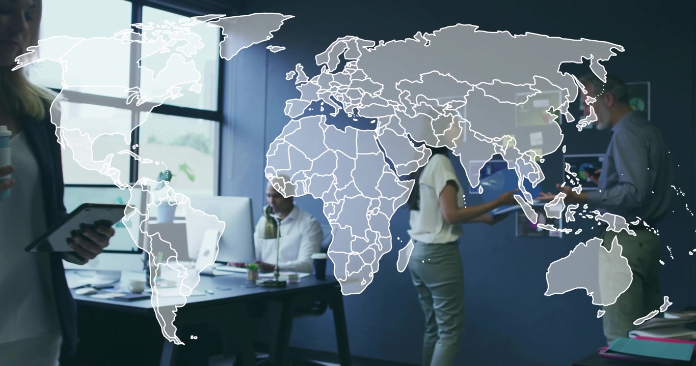 Team collaborating in office, woman attaching charts initiating world map overlay analyzing data