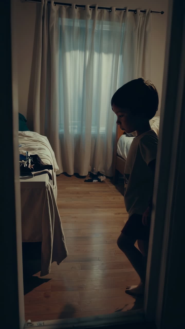 Child Looking Through Doorway in a Bedroom at Night