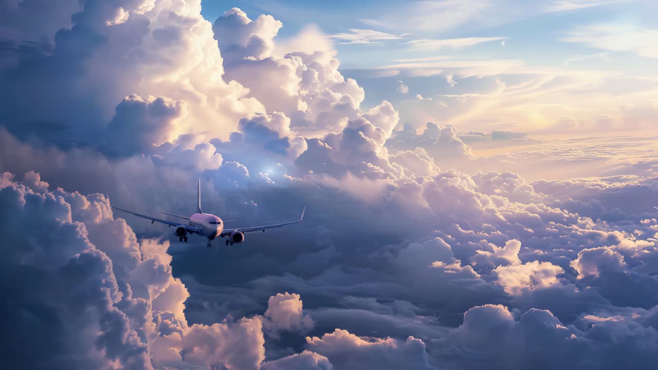 Airplane Flying Through Dramatic Clouds at Sunset