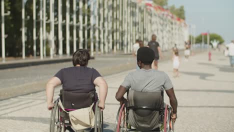 rear view of young couple using wheelchairs walking in park