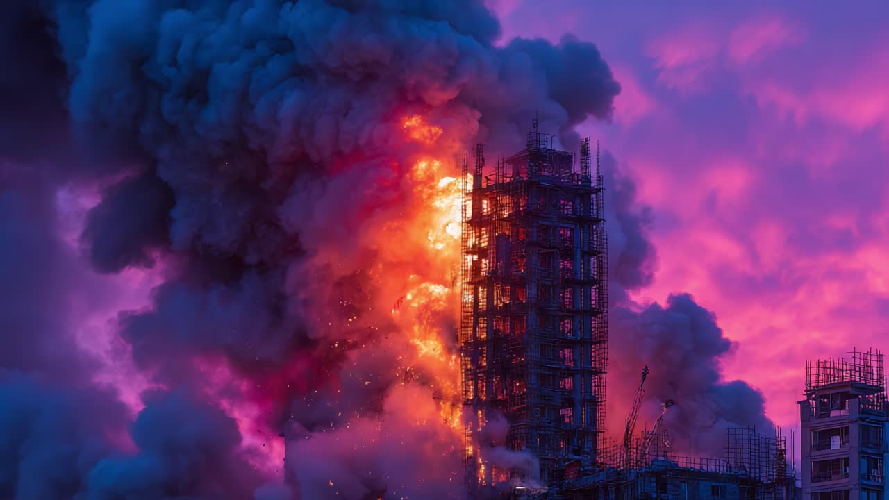 Ein Feuer bricht aus, während Flammen ein im Bau befindliches Gebäude verzehren und den dunkler werdenden Himmel mit leuchtenden Farben in Orange und Lila inmitten von dichtem Rauch und Chaos erleuchten