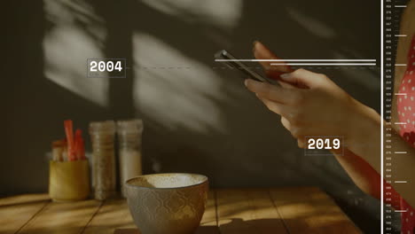 hands holding smartphone with timeline scrolling above coffee cup and condiments on wooden table