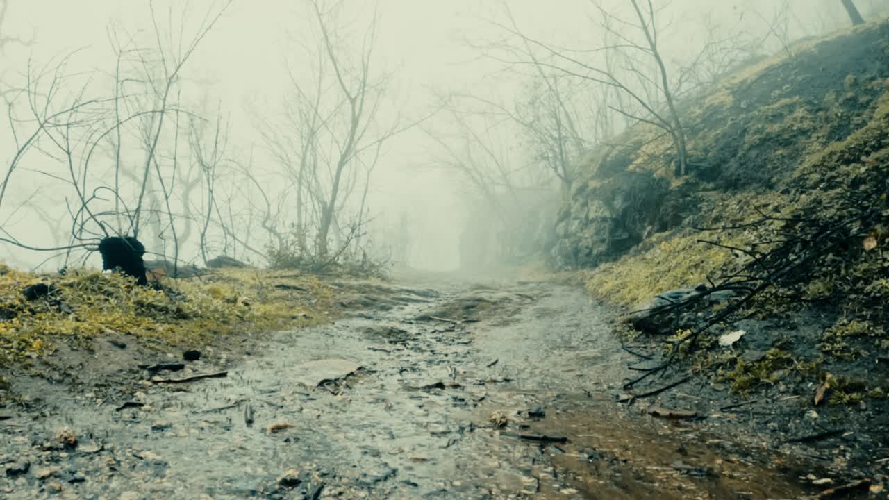 Cinematic POV walk through a misty winter forest. Atmospheric landscape with heavy fog, bare trees, and a muddy trail, ideal for mystery and cinematic storytelling