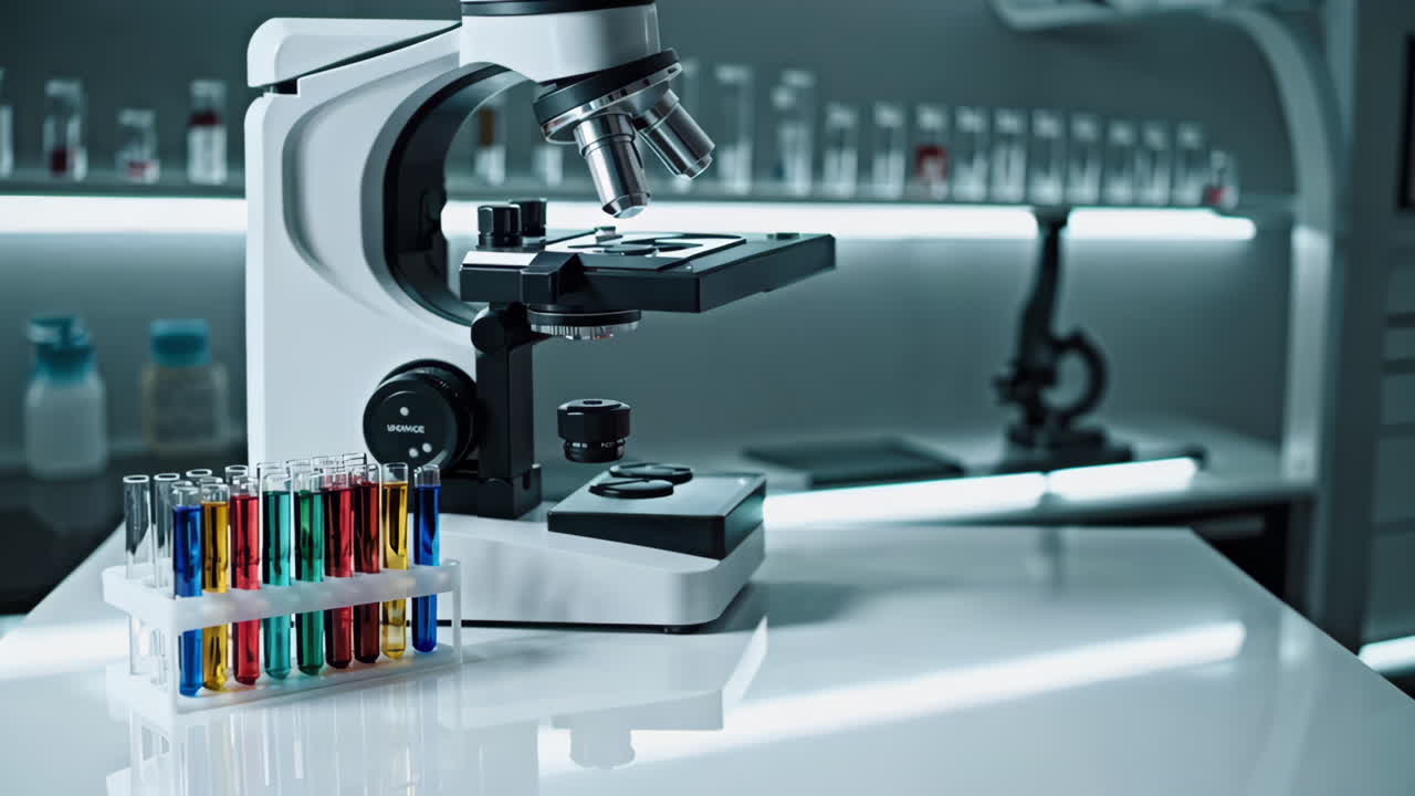 Laboratory scene with microscope and test tubes