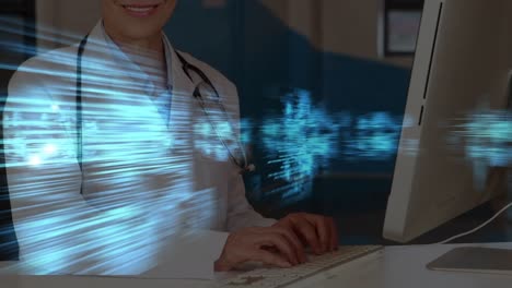 Screens-with-data-processing-over-portrait-of-caucasian-female-doctor-using-computer-at-hospital