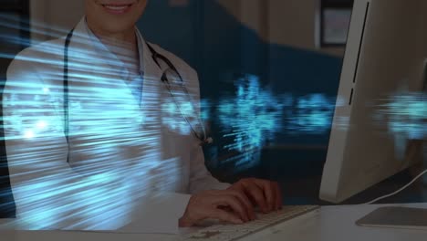 screens with data processing over portrait of caucasian female doctor using computer at hospital