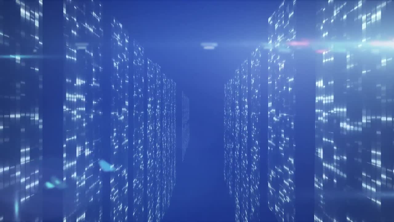 Animation of data processing and digital information flowing through network of computer servers