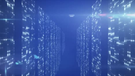 animación del procesamiento de datos y la información digital que fluye a través de una red de servidores informáticos