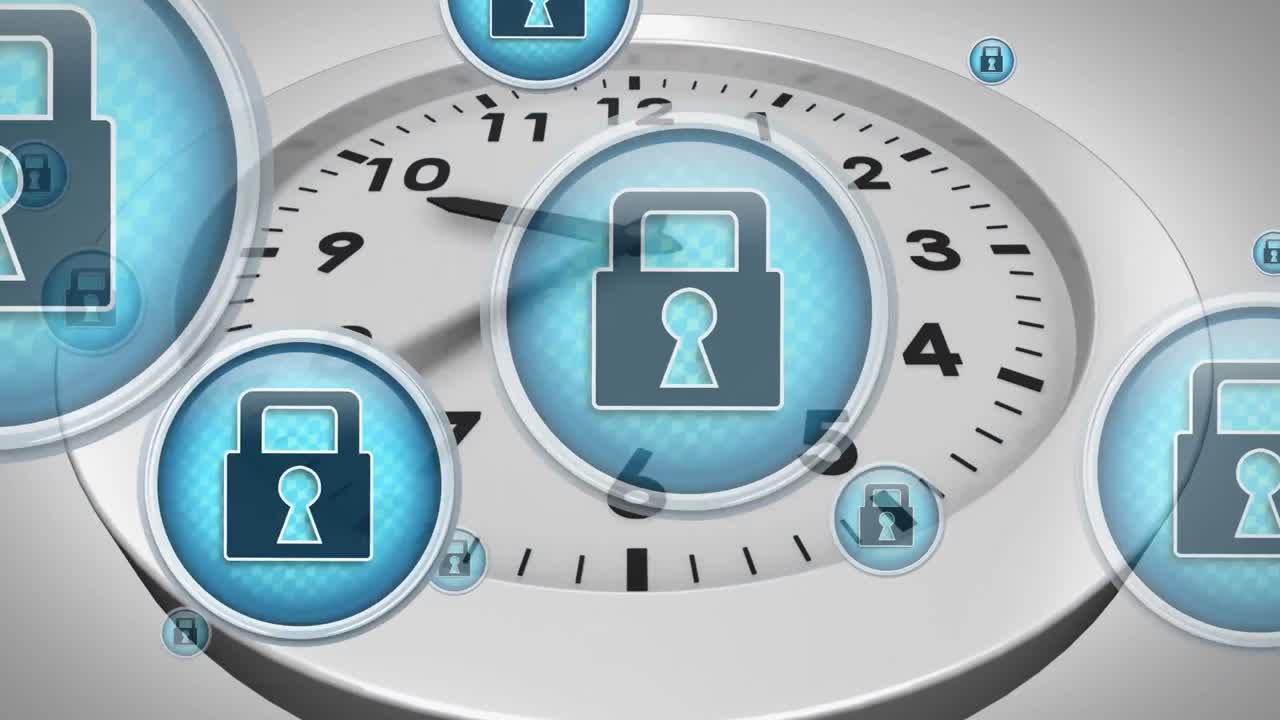 animación del icono del candado en círculos sobre el reloj contra un fondo blanco