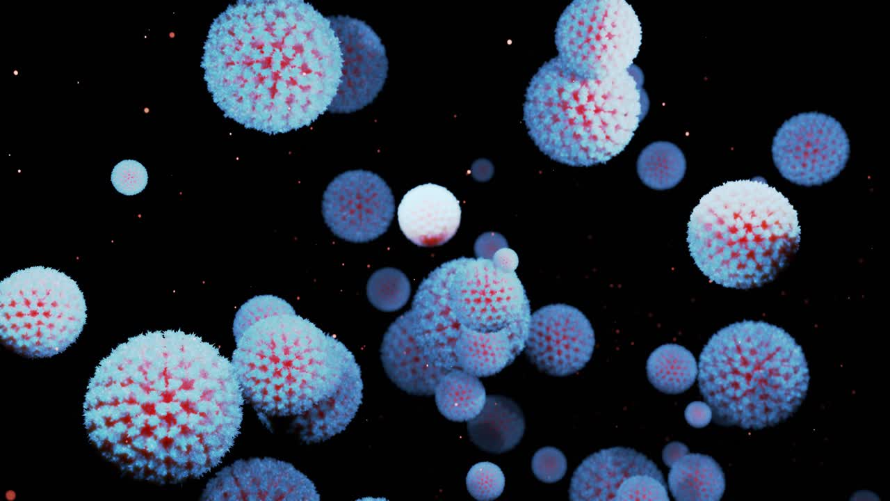 close-up coronavirus tipo covid-19, h1n1, gripe aviar o gripe porcina se mueven suavemente en fluido representación 3d del virus como fondo de bucle microscópico microbiológico. gradiente blanco rojo 3