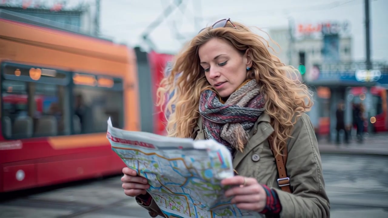 Opptak av en ung kvinnelig reisende som studerer et papirkart ved et urbant trikkestopp, med moderne trikk og bytrafikk bak henne, konsept for pendling og turisme
