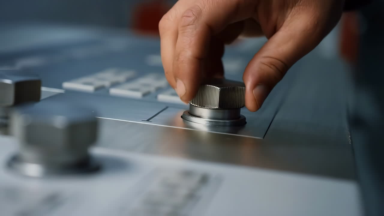 Close-up of hand turning a knob on a control panel