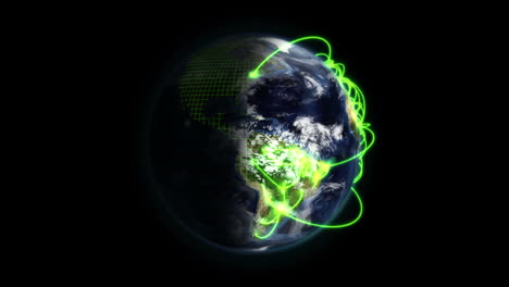 tierra sombreada con conexiones verdes en una cuadrícula, imagen de nasa.org, sin estrellas.