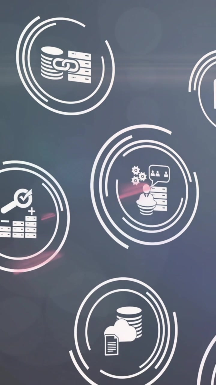 Animation of interface with business and data sharing icons over global network and data processing
