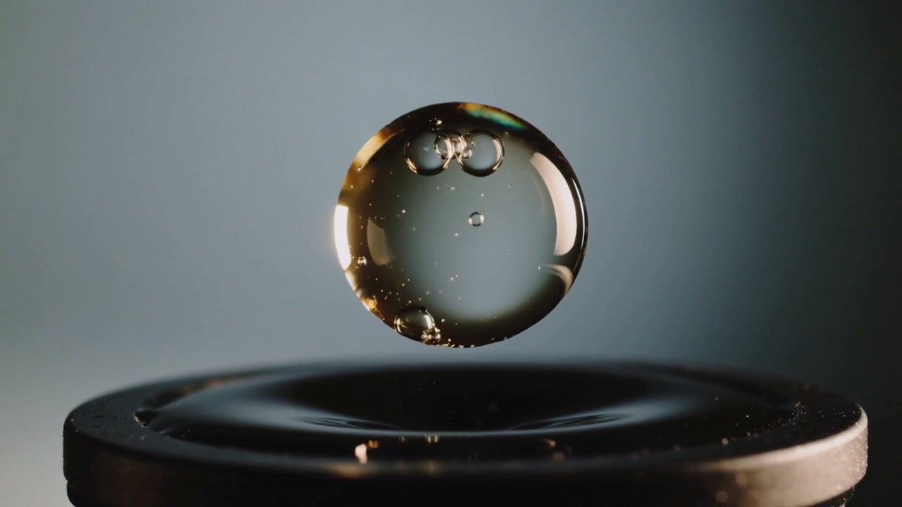 Gouttelette claire tirée par la gravité descendant vers un disque sombre, contactant un film mince avec de minuscules bulles.