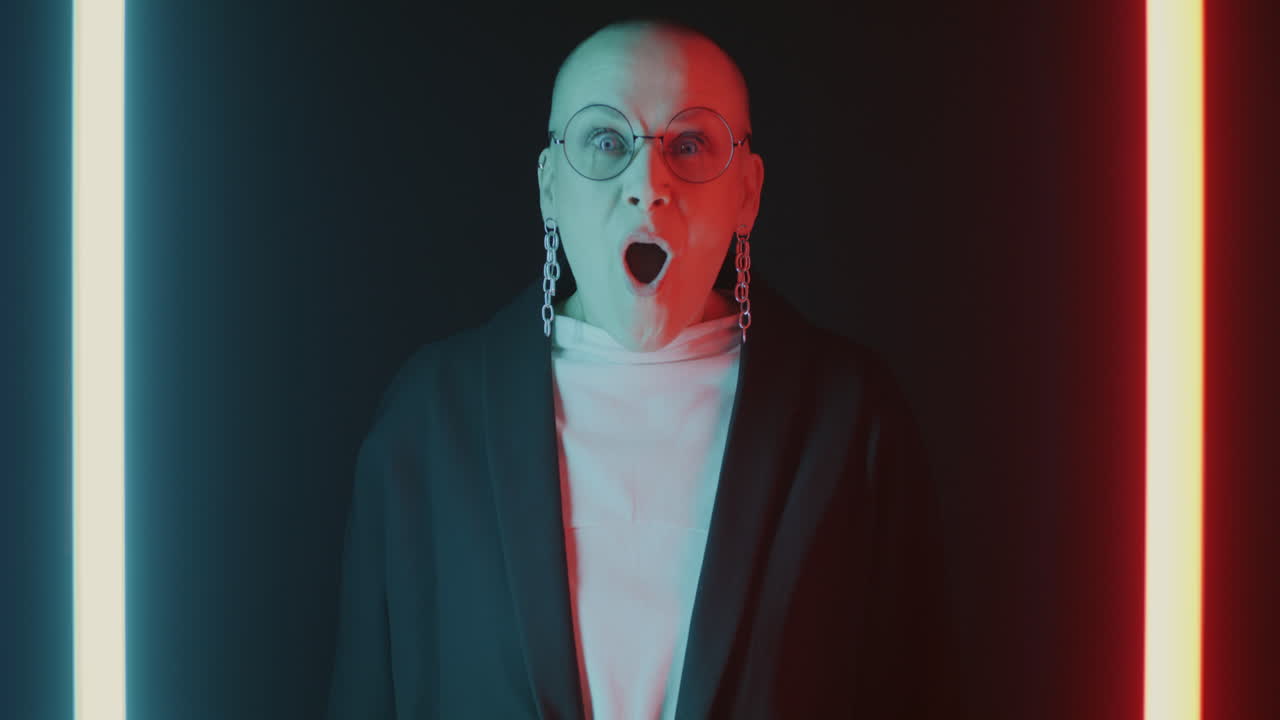 Woman with various expressions and glowing neon lights