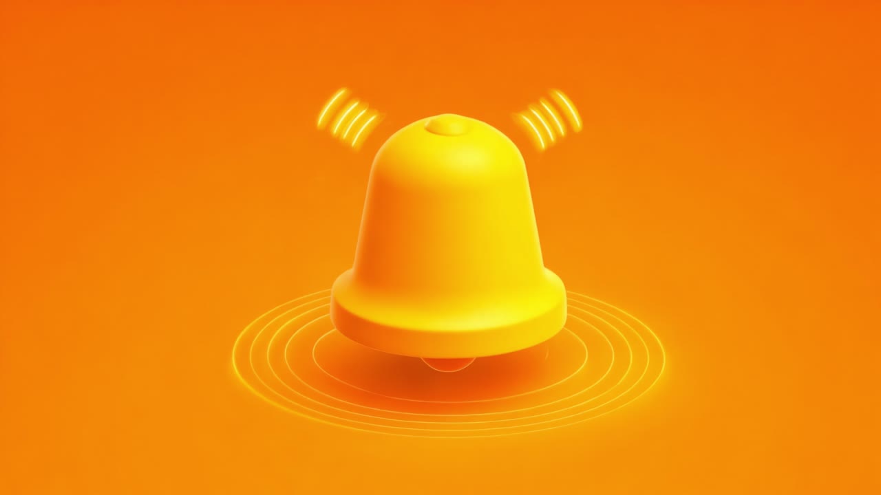Bright Yellow Bell Emitting Sound Waves on an Orange Background, Symbolizing Alertness and Notification in a Playful and Vibrant Design for Various Applications
