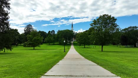 Drone-lowering-and-landing-in-view-of-the-spire