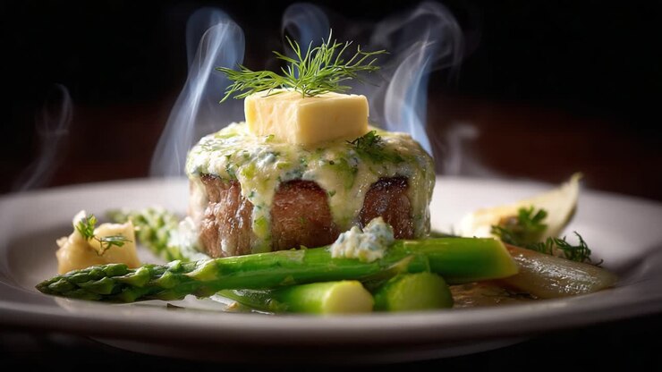 Steak gastronomique avec beurre aux herbes et asperges : un chef-d’œuvre culinaire présenté avec élégance, avec des garnitures et une essence savoureuse fumante