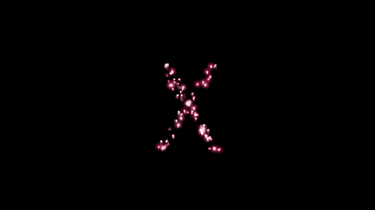 Particelle luminose e scintillanti che formano la lettera X su sfondo trasparente